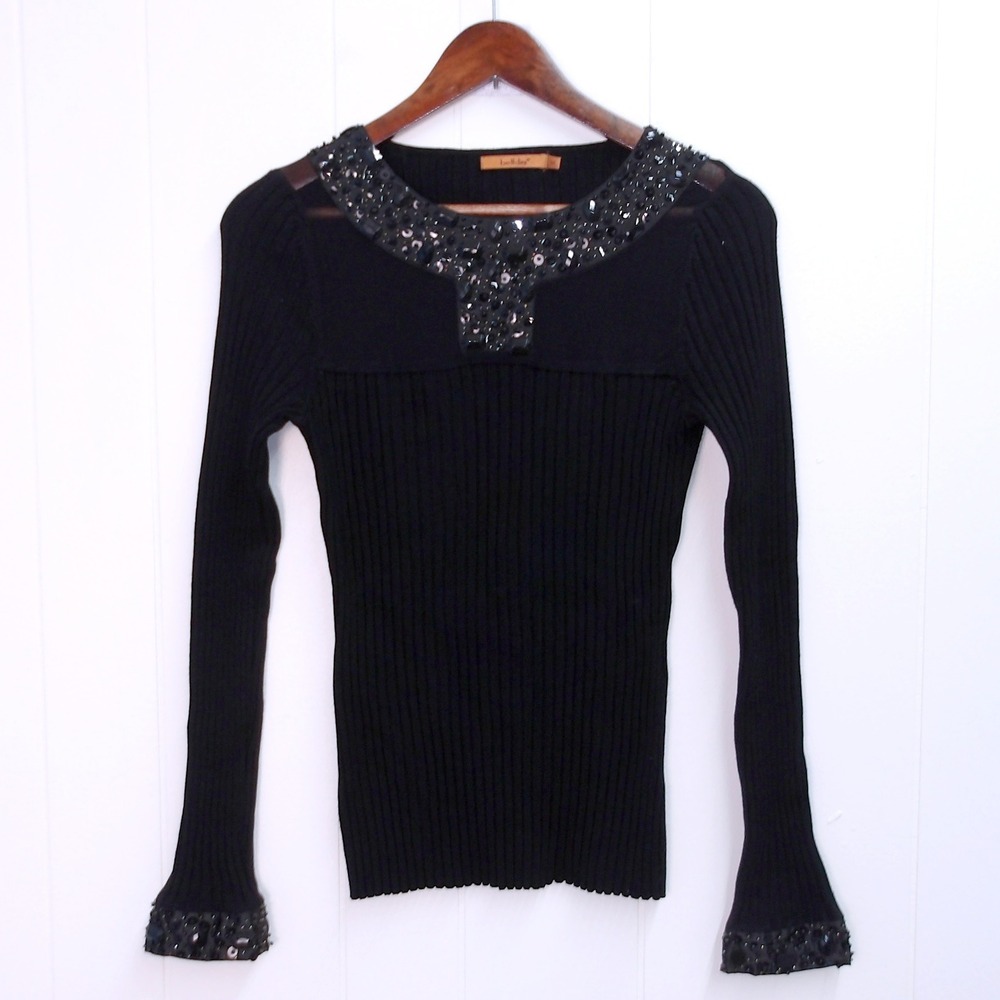 Belladini Embellished Top Black Jewel Neck Sweater  Size M /‎ #8064